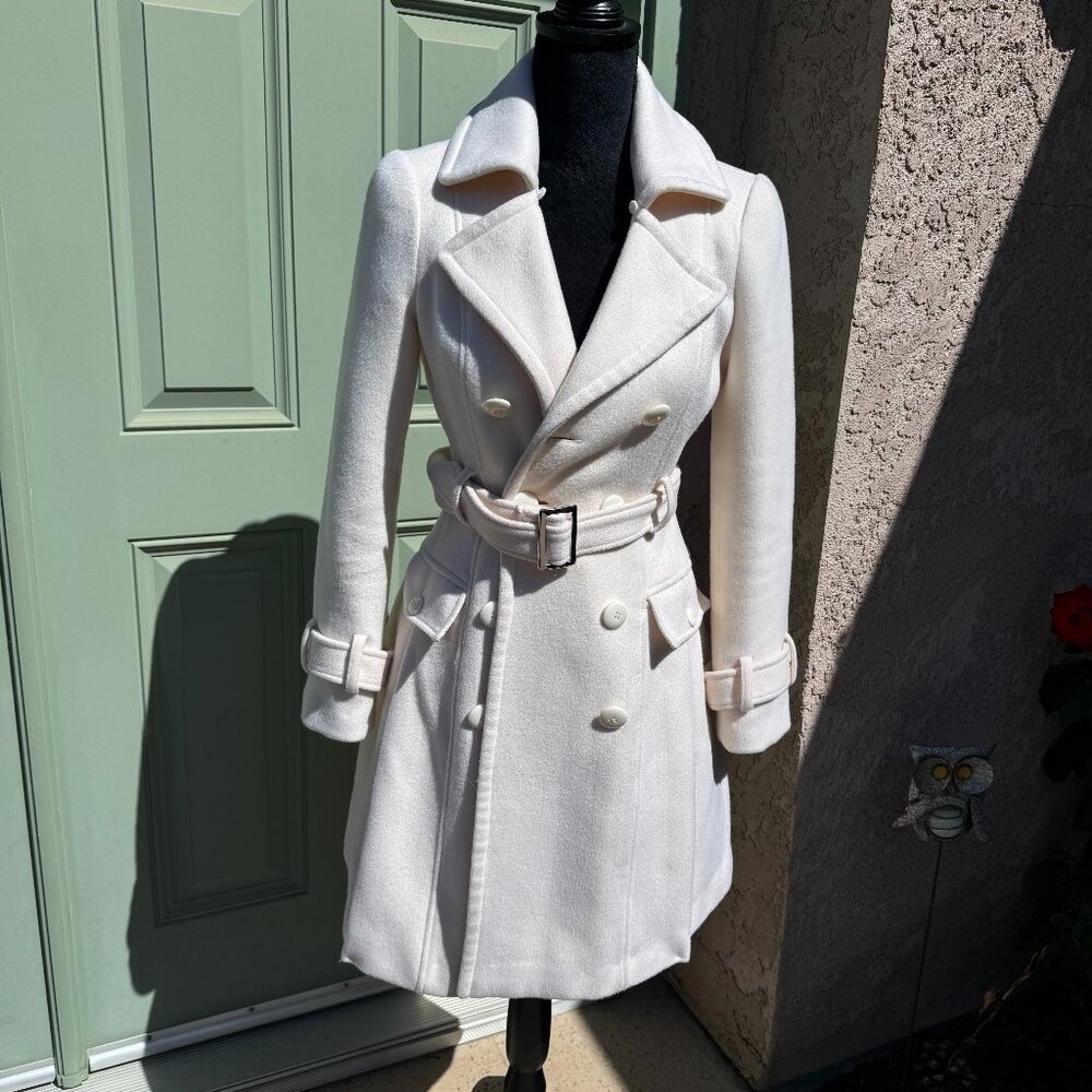 Bebe Women's Cream Wool Blend Rabbit Fur Collar Pea Coat - Size XS